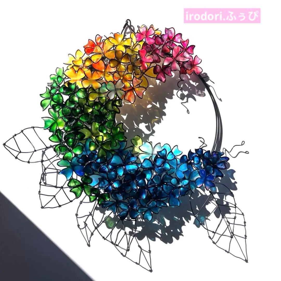 かき氷カラー　大きな紫陽花リース　ワイヤークラフト　ディップアート　一点物