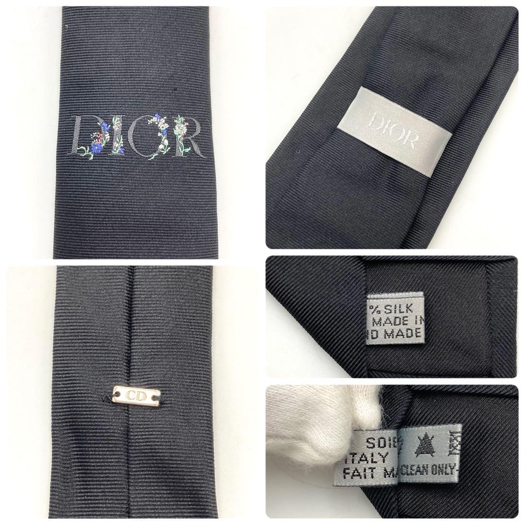 kartellk✨ DIOR ネクタイ 黒 シルク ロゴ刺繍 ワンポイント