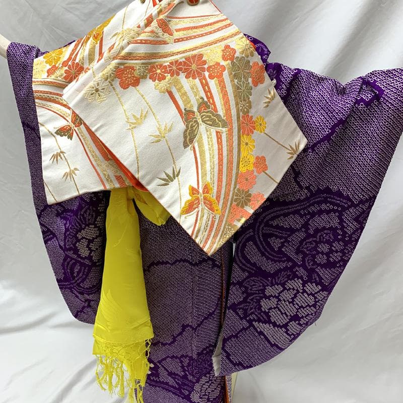 506ag40□七五三 七歳 女児 着物&袋帯 総絞り 金駒刺繍 紫□良好