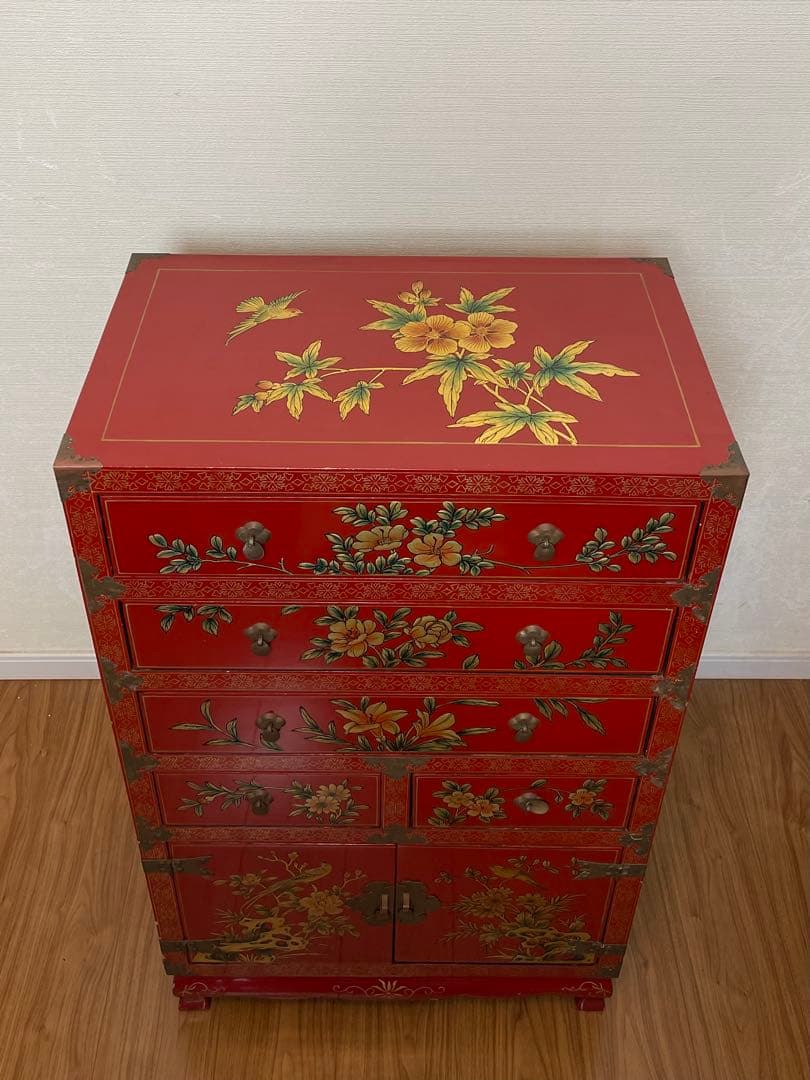 中国　花柄　アンティーク　タンス