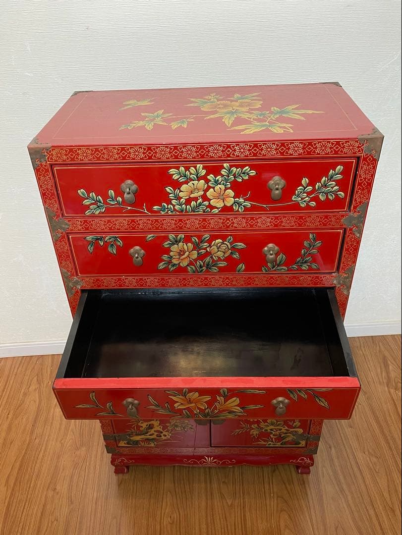 中国　花柄　アンティーク　タンス