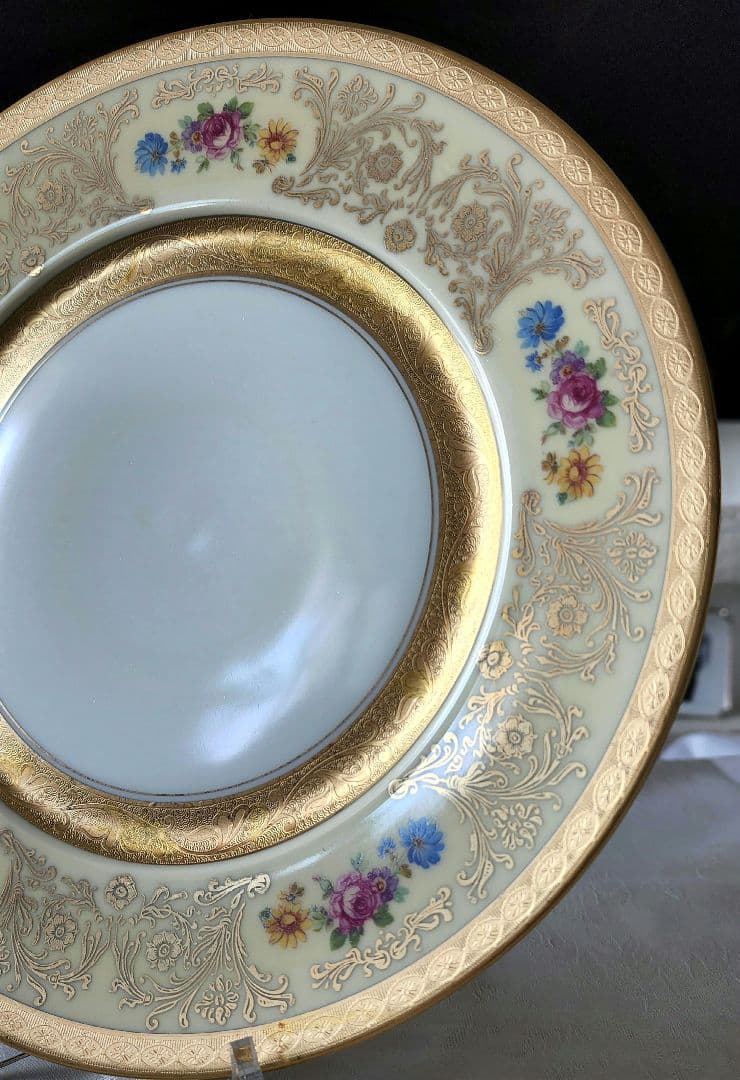 希少 金彩 プレート 手描き ピカード装飾 ドレスデンブーケ アンティーク