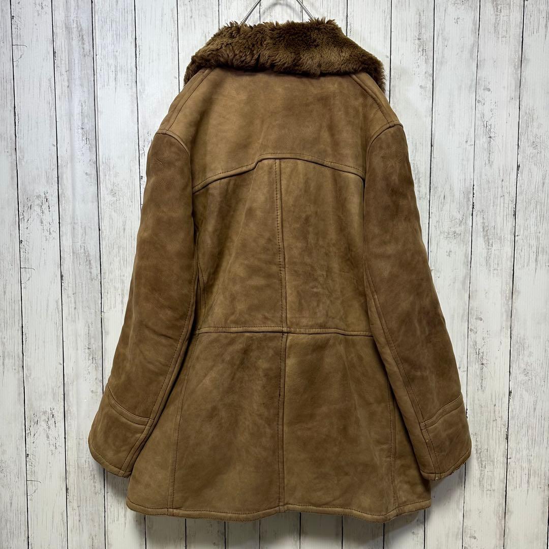 【本革☆ムートンコート】ユーロヴィンテージ☆ダブル☆ランチコート　2XL相当 茶