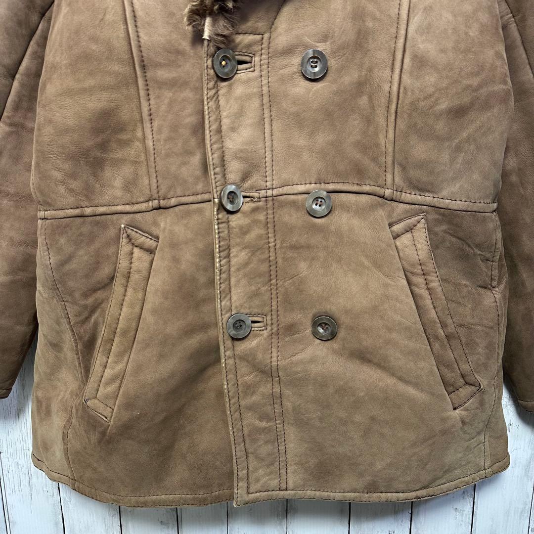 【本革☆ムートンコート】ユーロヴィンテージ☆ダブル☆ランチコート　2XL相当 茶