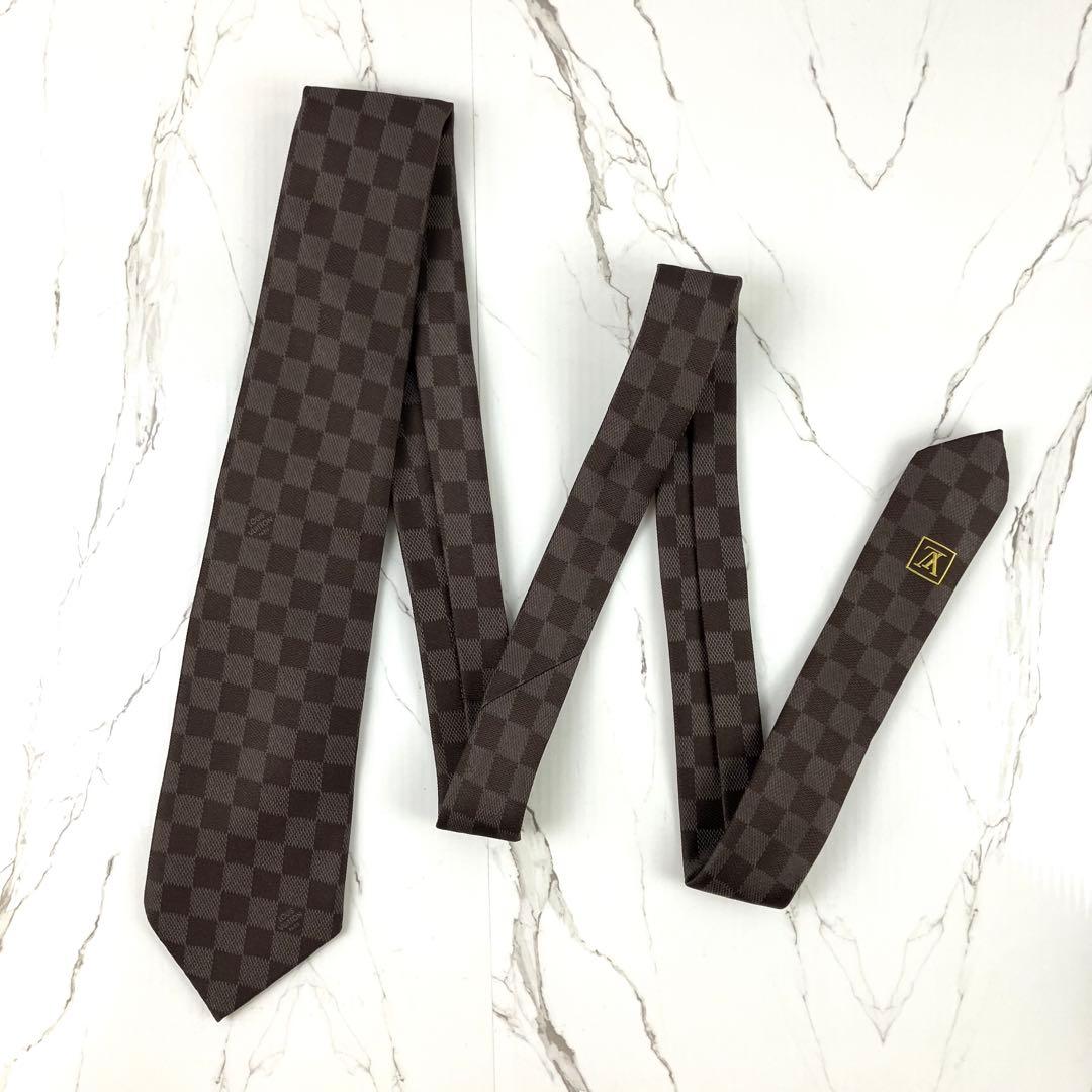 美品　ルイヴィトン　ネクタイ　ダミエ　ロゴ　ソリッド　ジャガード　ダークブラウン