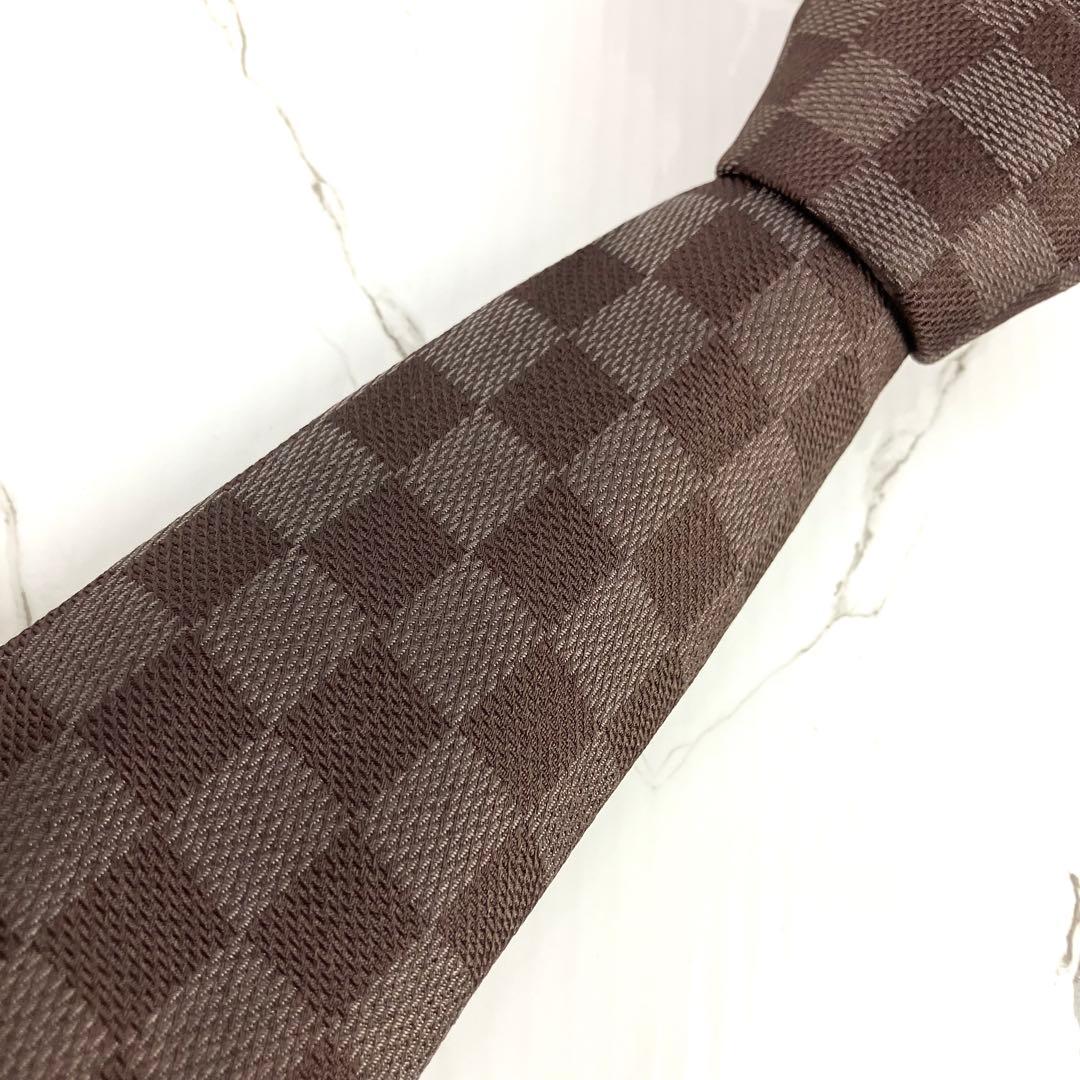 美品　ルイヴィトン　ネクタイ　ダミエ　ロゴ　ソリッド　ジャガード　ダークブラウン