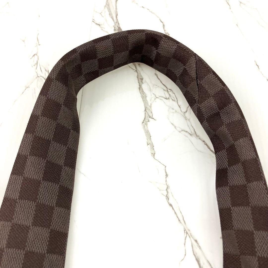 美品　ルイヴィトン　ネクタイ　ダミエ　ロゴ　ソリッド　ジャガード　ダークブラウン