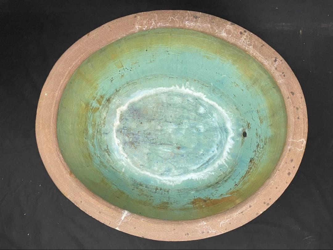 中国美術 睡蓮鉢 花鳥図 ピータン 金魚鉢 メダカ鉢 陶器 大型 楕円形
