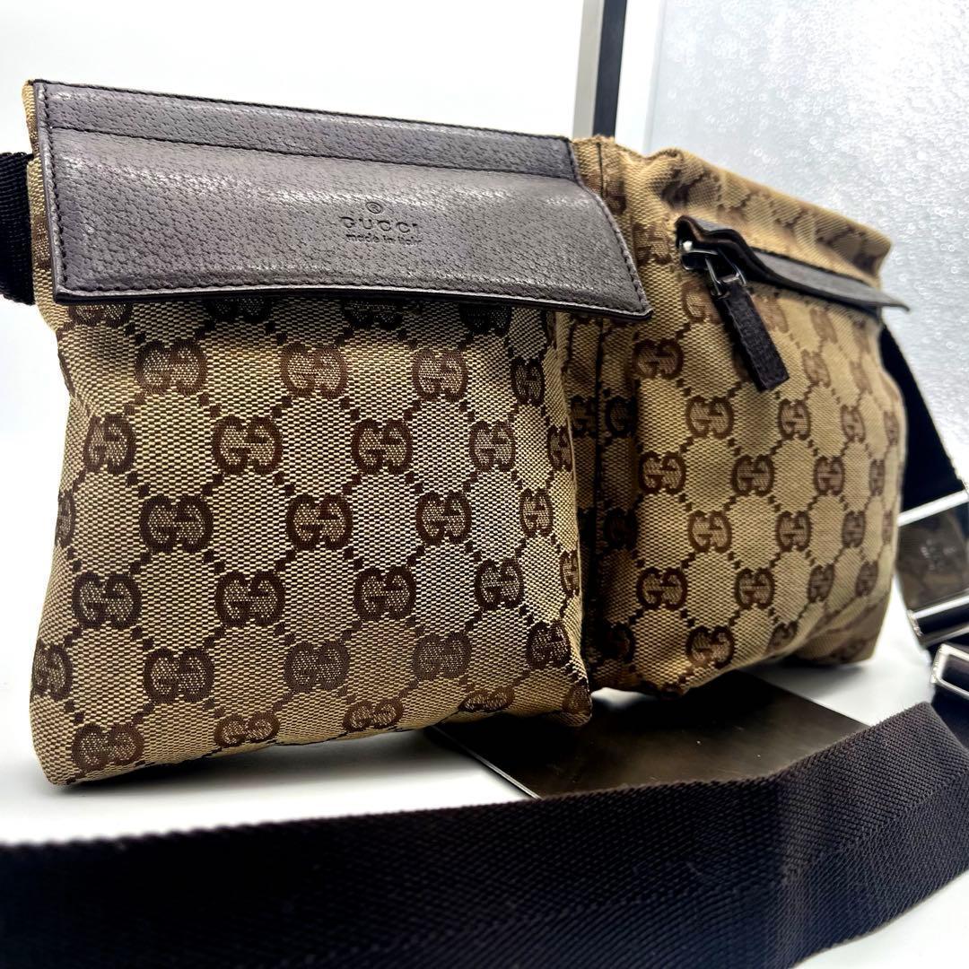 美品✨グッチ ボディバッグ ウエストポーチ レザー×GGキャンバス ブラウン