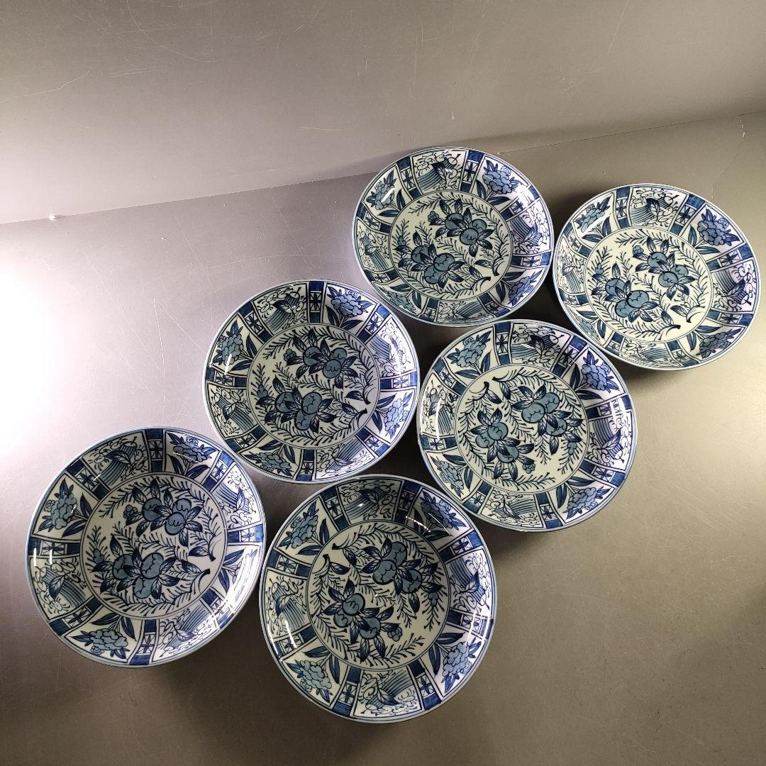 A1185-8/有田焼/源右衛門窯/染付芙蓉手皿6客/飾皿/盛皿/懐石道具/膾皿