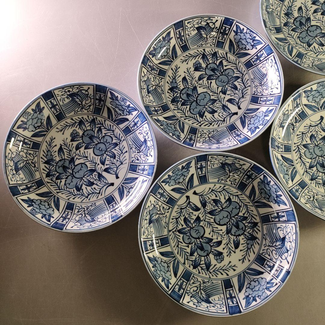 A1185-8/有田焼/源右衛門窯/染付芙蓉手皿6客/飾皿/盛皿/懐石道具/膾皿