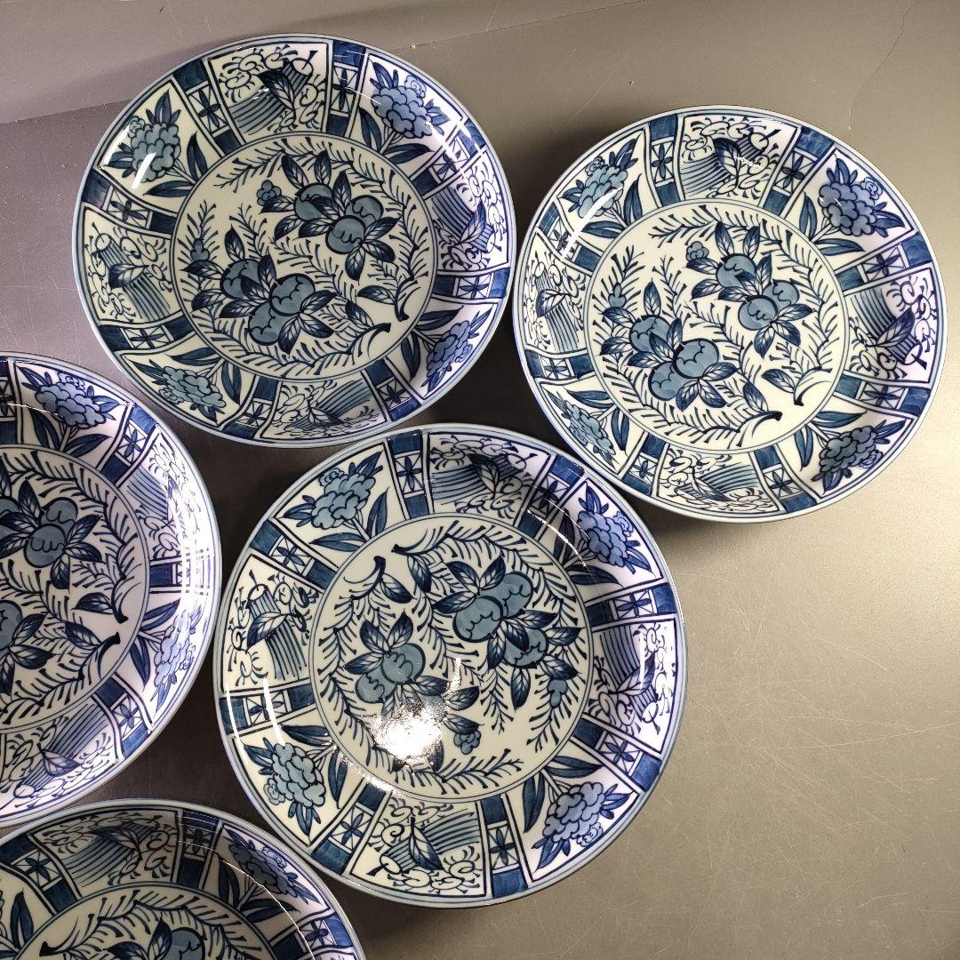 A1185-8/有田焼/源右衛門窯/染付芙蓉手皿6客/飾皿/盛皿/懐石道具/膾皿