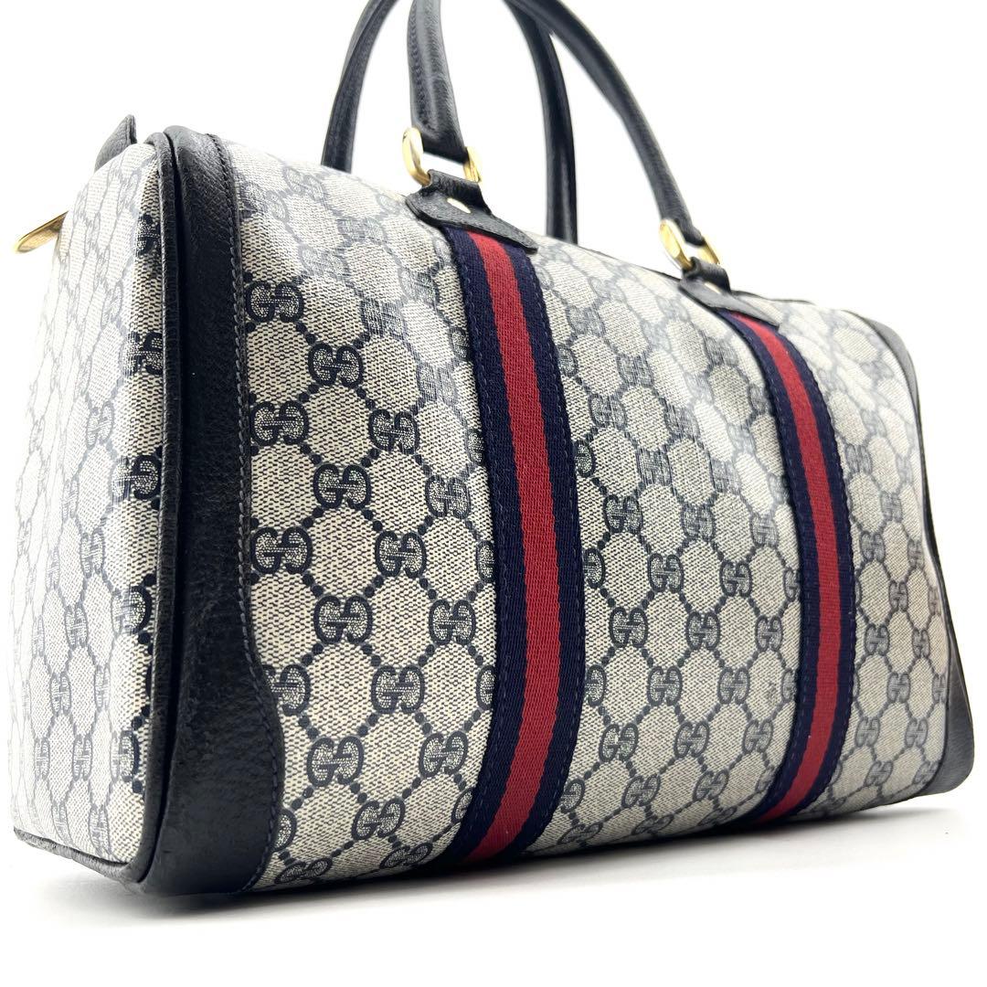 美品　GUCCI　ボストンバック　PVC　シェリーライン　ネイビー　GG柄　本革