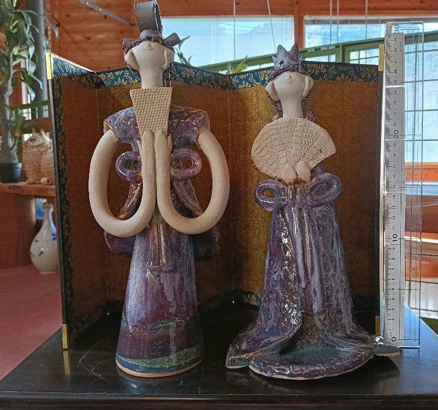 砥部焼　青芳人形　作家森元青芳　紫色のひな祭り人形 2体セット