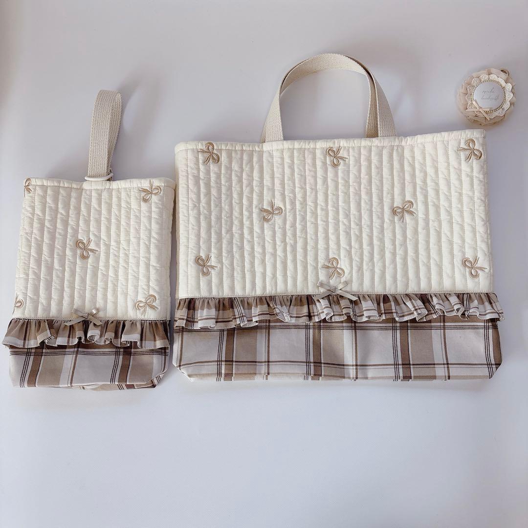 れな様　ヌビ　りぼん　刺繍生地　レッスンバッグ　上履き袋　体操着袋　入園入学
