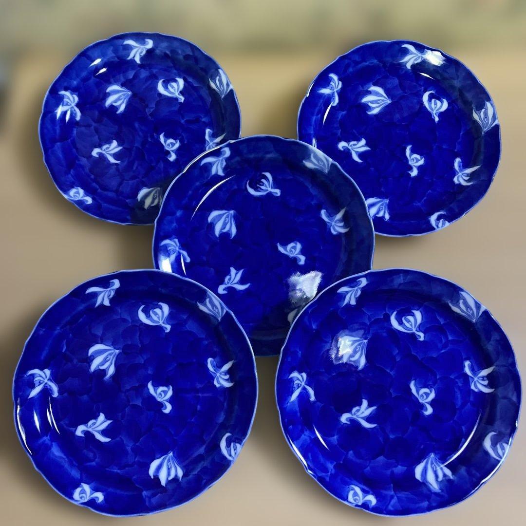 深川製磁　蘭外濃　銘々皿　和皿　取り皿　輪花　青　花　プレート