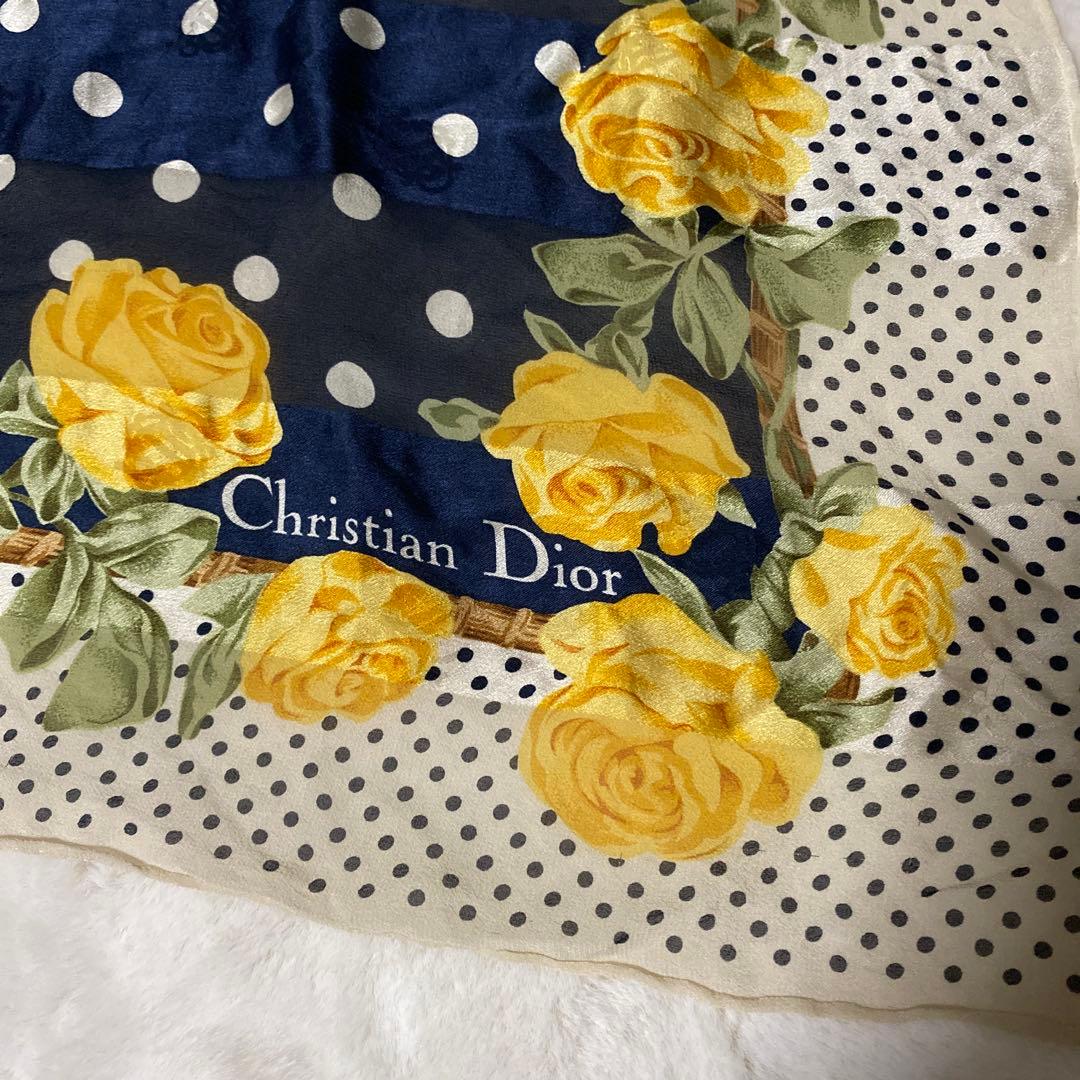 Christian Dior ドット 水玉 バラ大判シルクスカーフ 花柄 ロゴ