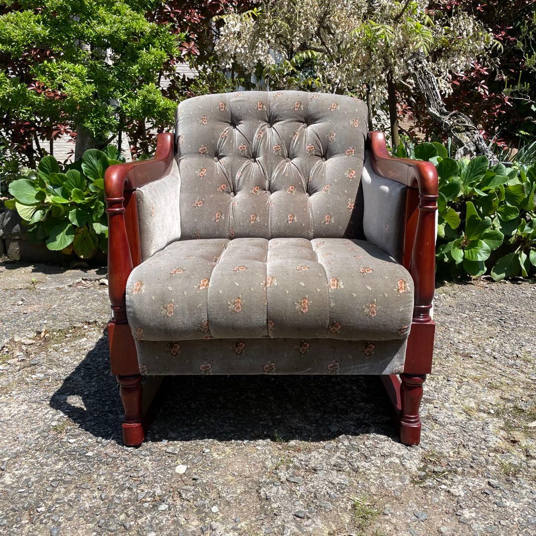 【美品】新象 シングルソファ 1P アンティーク 花柄　グレー　レトロ　ソファ