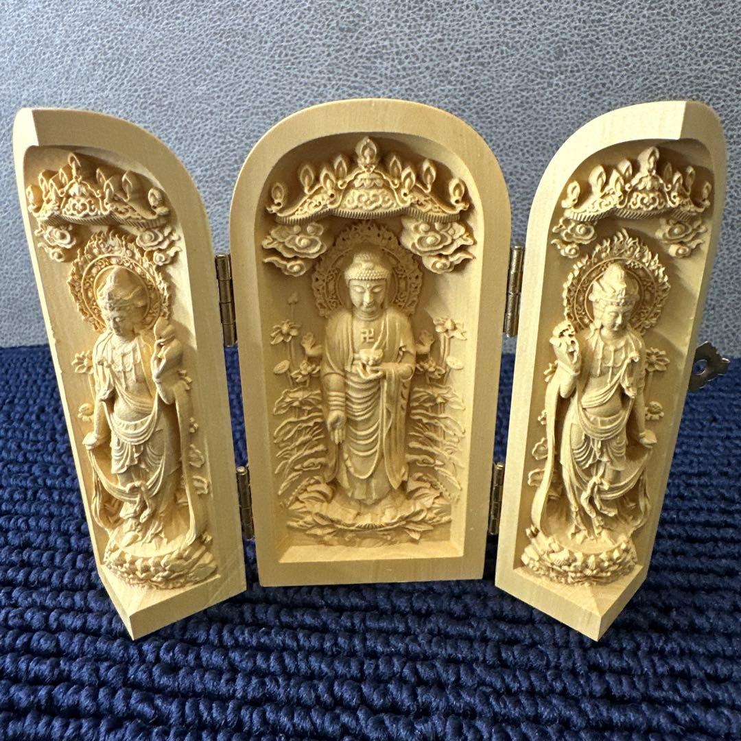 開運 阿弥陀三尊 三開仏 天然木