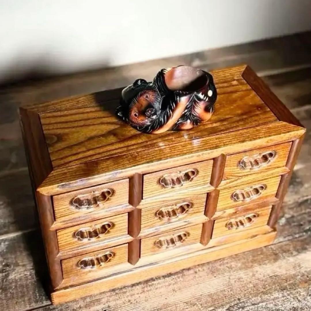 無垢材 小引き出し 9杯 和箪笥 茶道具 木製 収納 総木組み 昭和レトロ