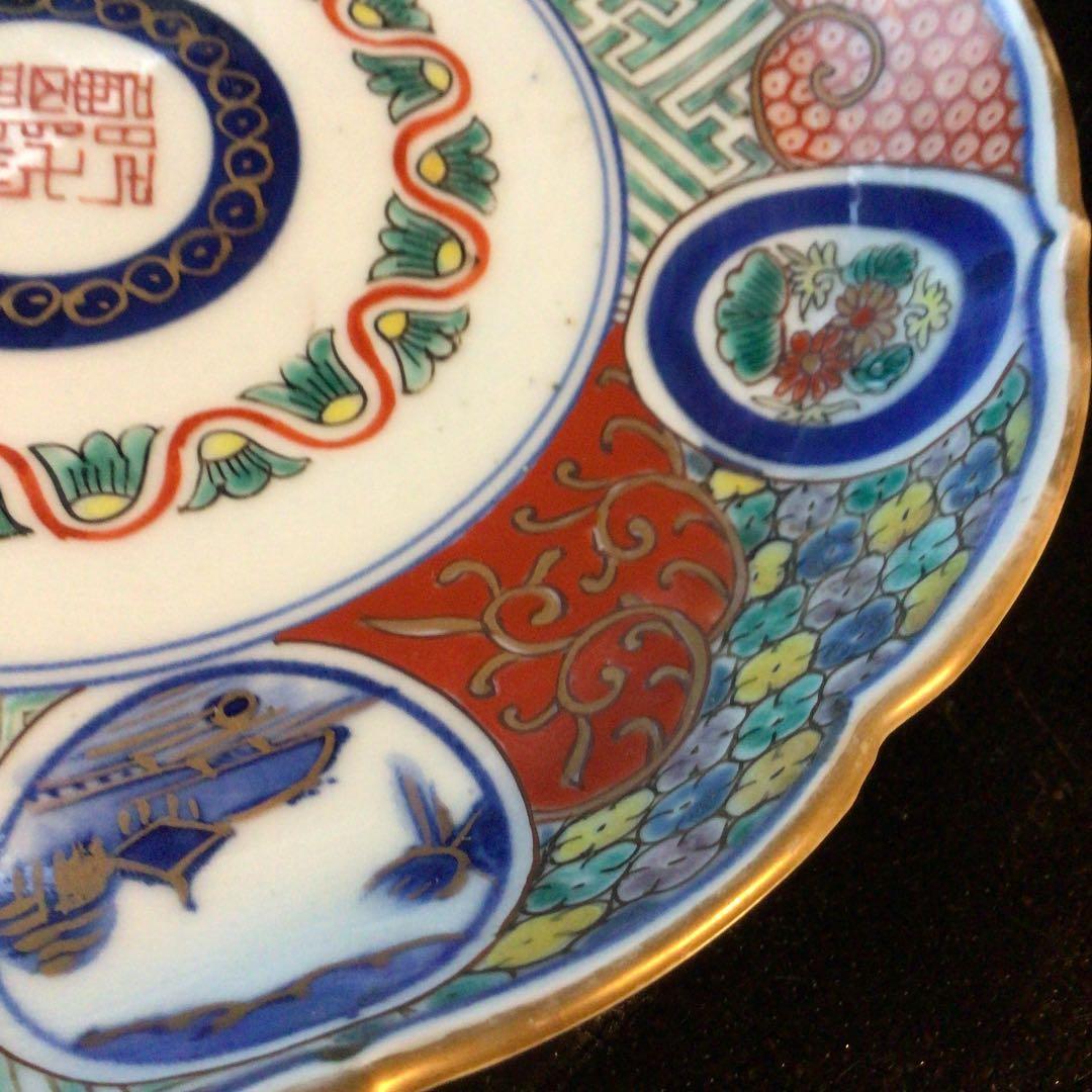 A374 古伊万里　染錦手　区割窓絵　山水に花　輪花形　7寸皿　5枚