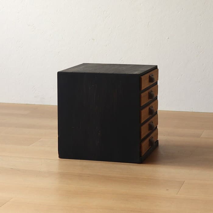 アンティーク 整理箱 タンス 古家具 引き出し5杯 ブラック 無垢材