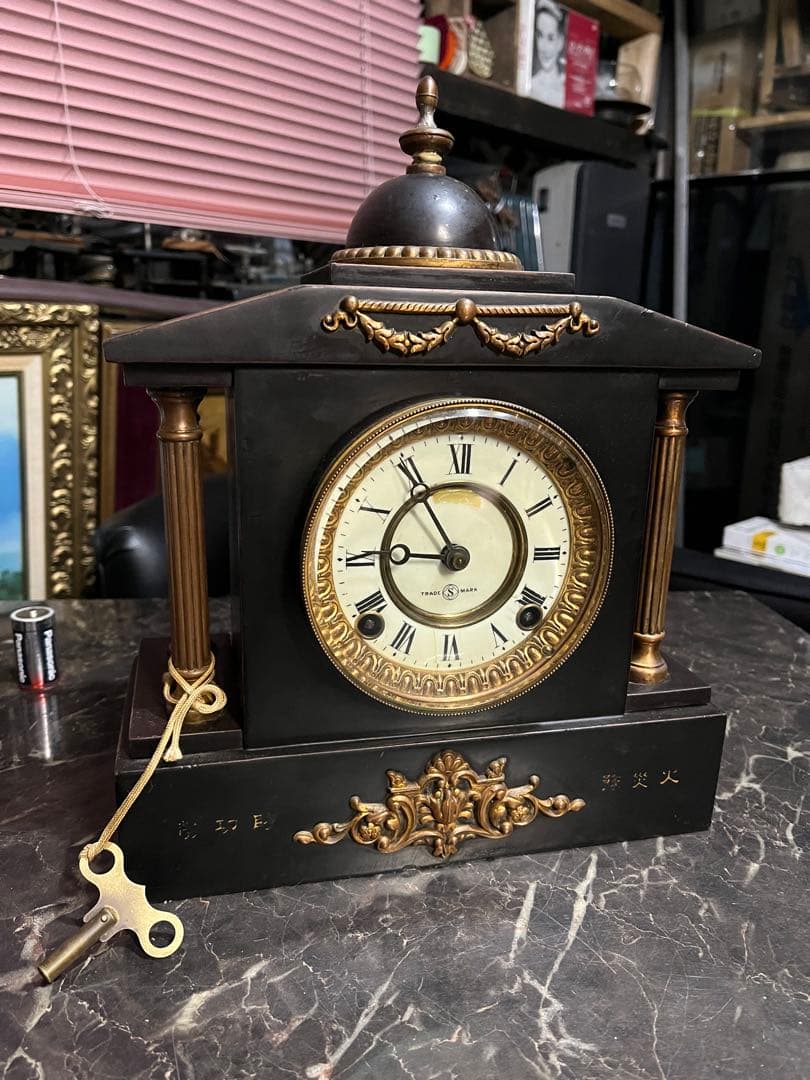アンティーク置き時計、精工舎鉄製置き時計、14K使用、ゼンマイ置き時計、置時計