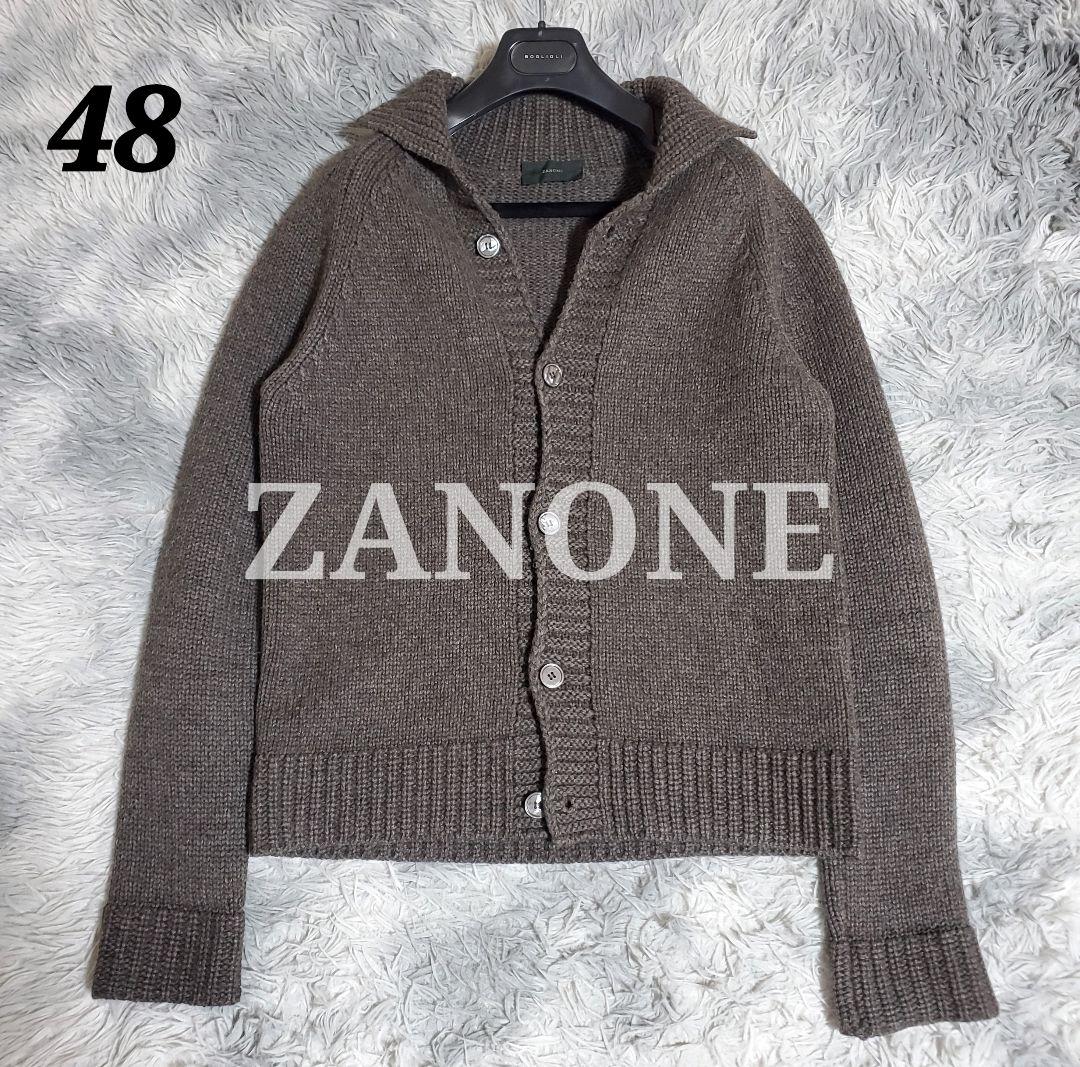 ザノーネ　襟付きカーディガン　ウール　ヤク　チャコールブラウン　48
