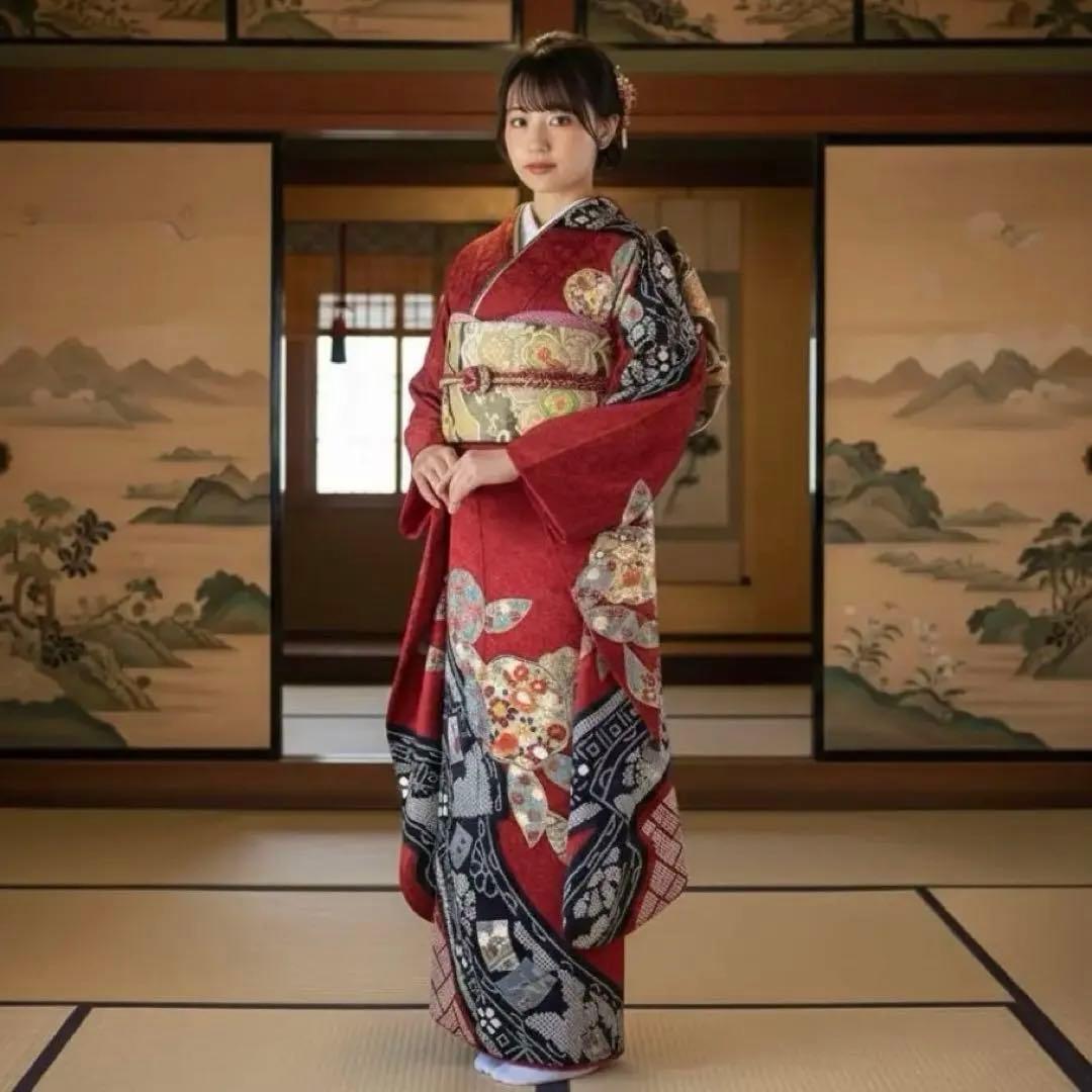 振袖フルセット　高身長　➕サイズ　絞り　手刺繍　成人式振袖　振袖　裄丈70 赤