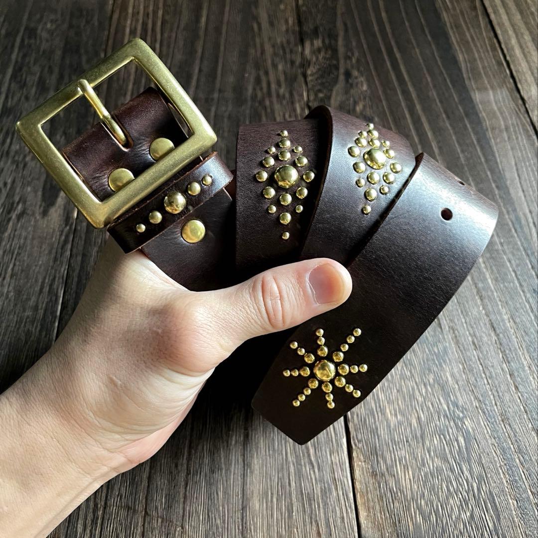 オーダー品　ディッキーズ874専用スタッズベルト　ダークブラウン　真鍮　背面4連
