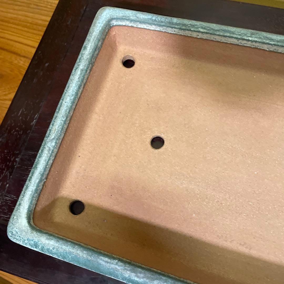 【落款あり】中国宜興 長方外縁浅 釉薬オリベ 盆栽鉢 寄せ植え