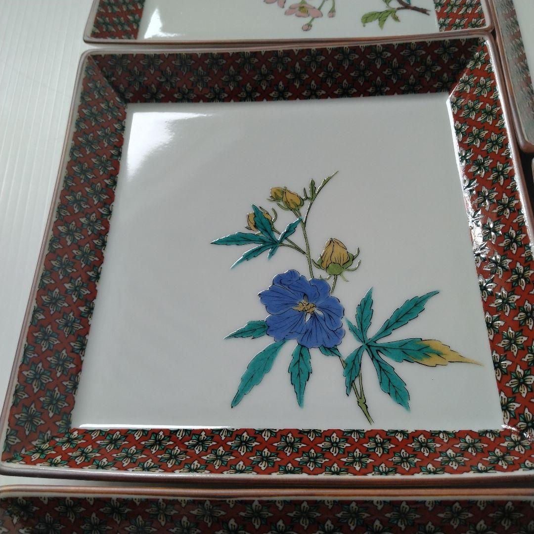古九谷 九谷焼 九谷秋月 秋月 草花 絵替わり 角皿 正方皿 大皿 5客揃
