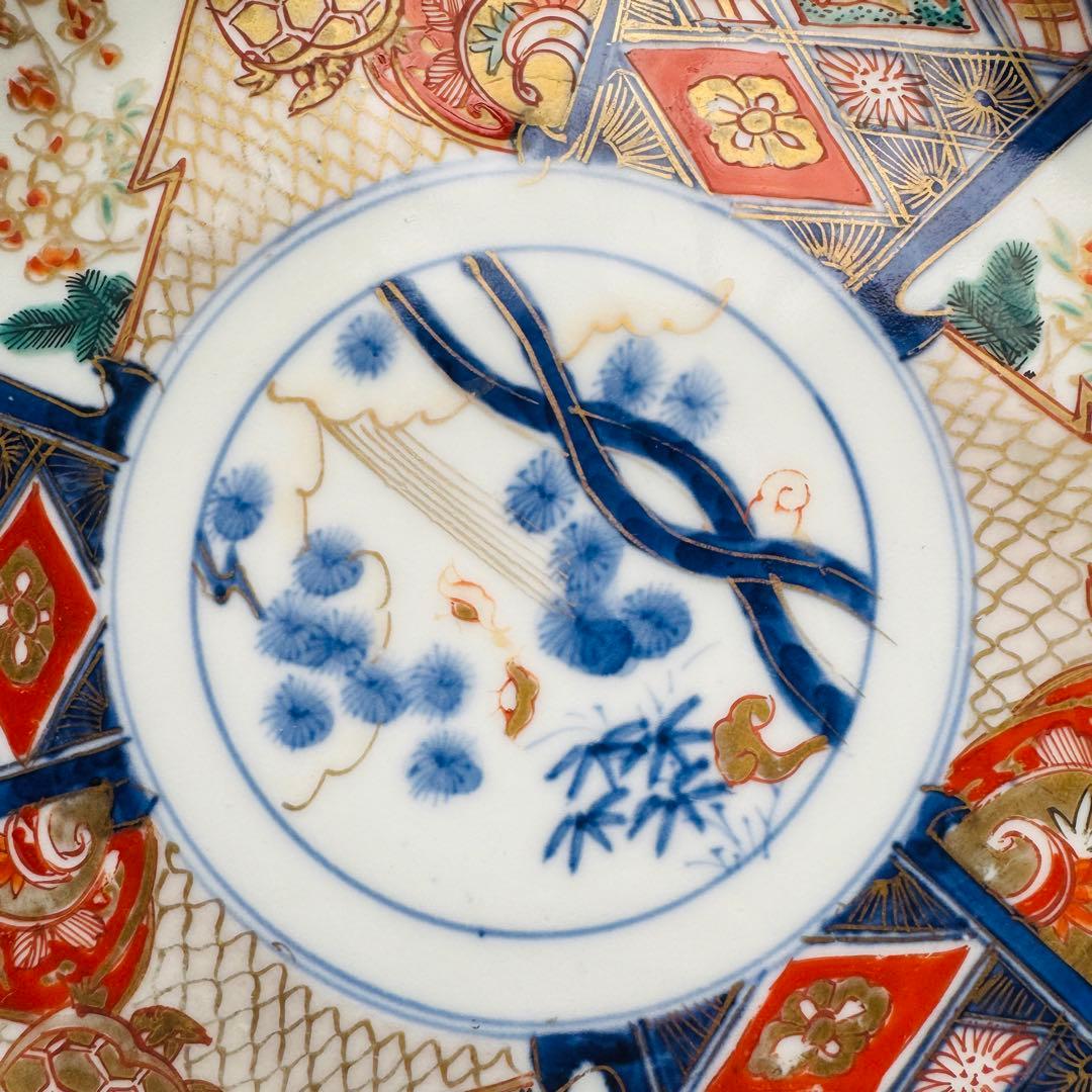 ご確認用　骨董皿　金蘭手染錦　鶴亀松竹梅文　金彩色絵皿　二枚