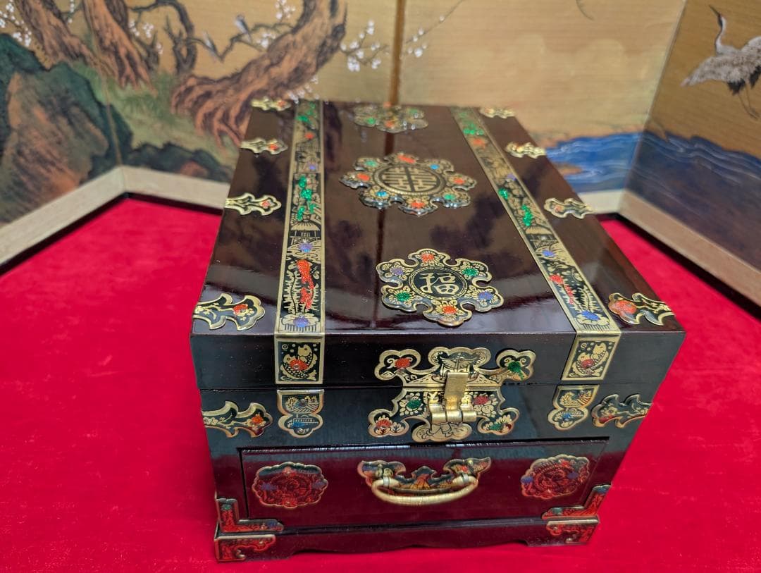 漆　小物入れ　宝石箱　ジュエリーボックス　鏡付　アンティーク　アジアン