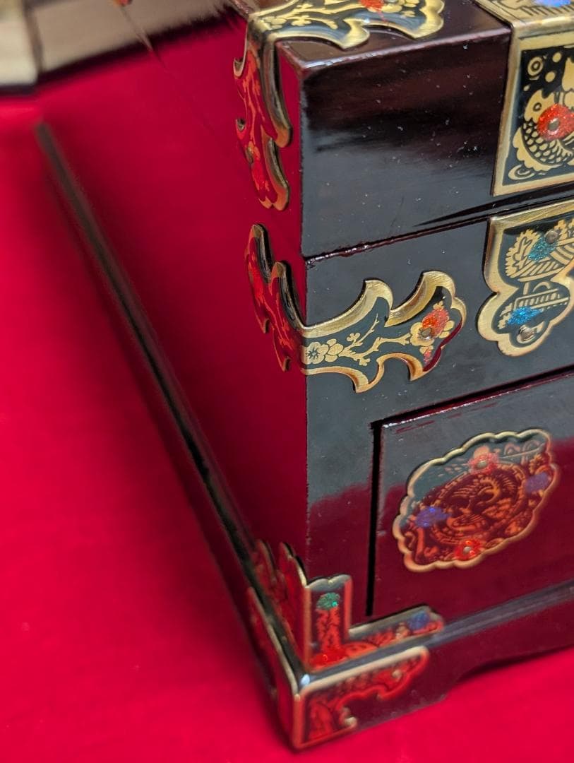 漆　小物入れ　宝石箱　ジュエリーボックス　鏡付　アンティーク　アジアン