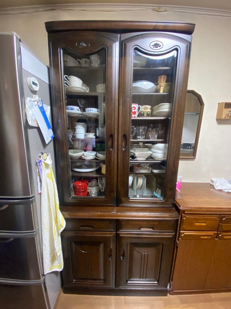 木製食器棚 ガラス扉付き ダークブラウン