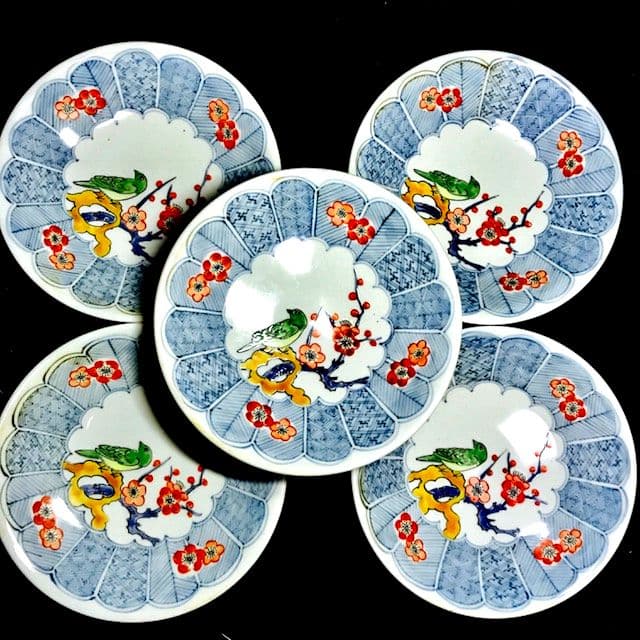 有田焼　5代　佐藤走波　染錦　梅鳥文　5寸皿　5枚セット