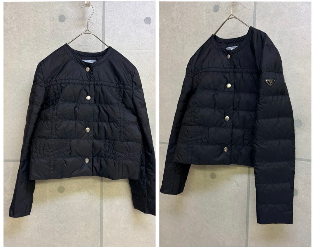 PRADA ライトダウン ブラック ダウンジャケット 三角プレート ノーカラー