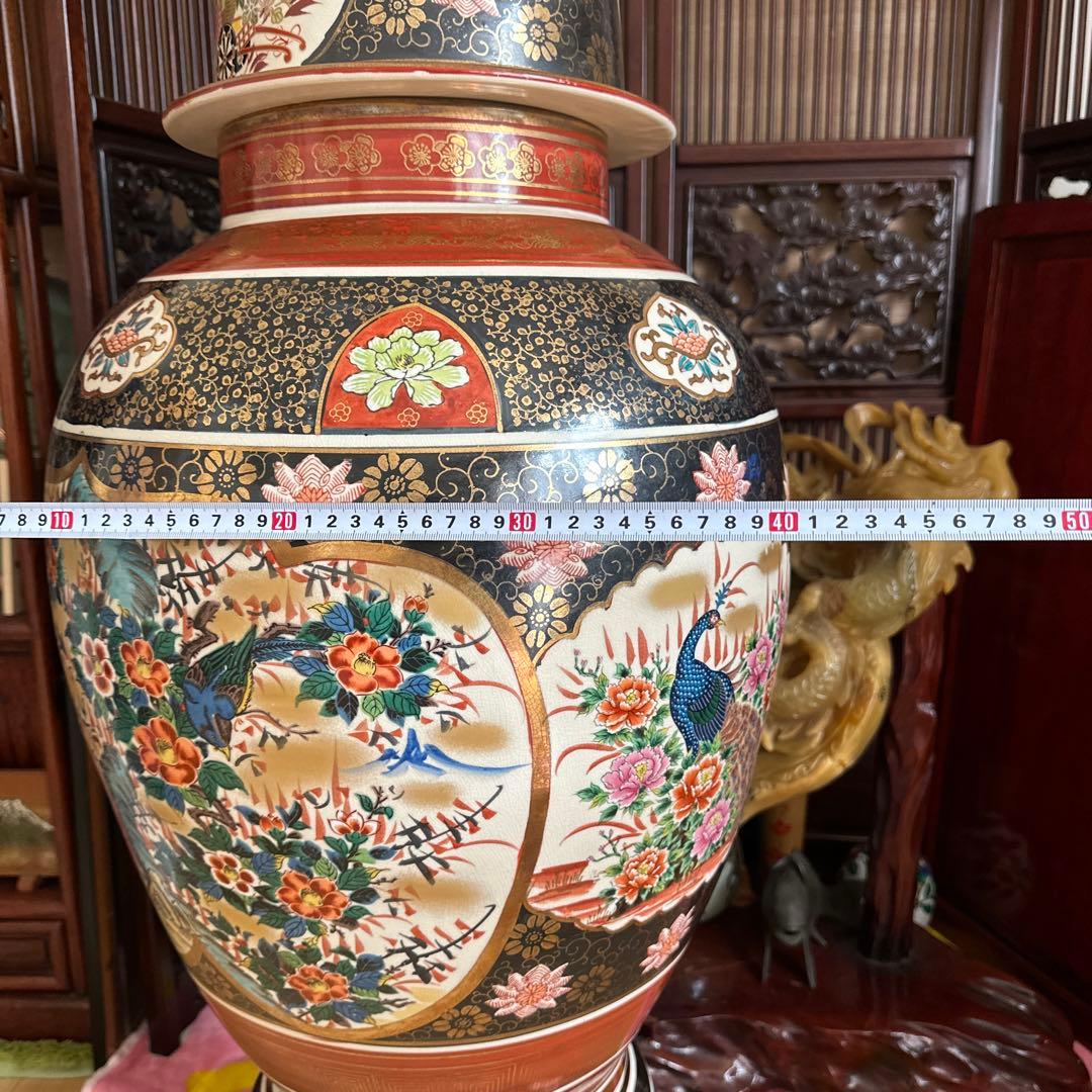 特大　九谷焼飾り壺 人物花鳥図　高さ約125cm 沈香壺 三段壺　陶芸　骨董品