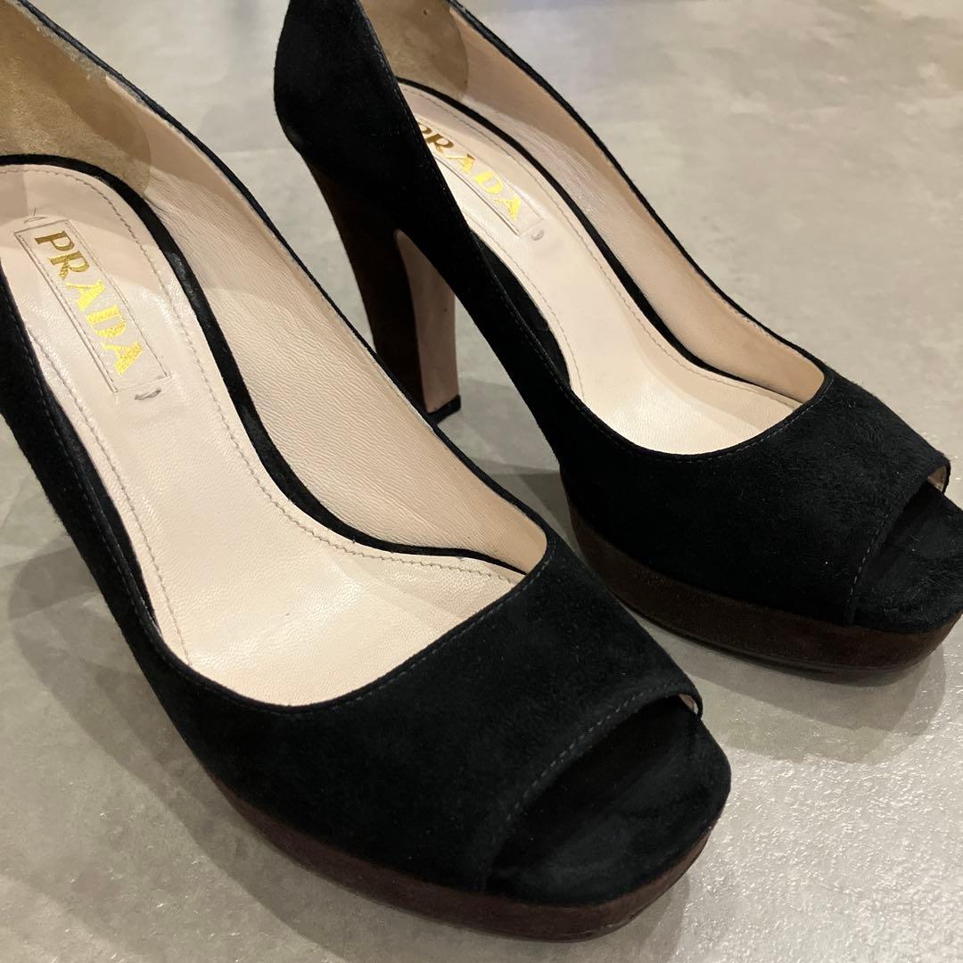 ＊期間限定値下げ＊PRADA プラダ 黒スエードオープントゥパンプス バイカラー