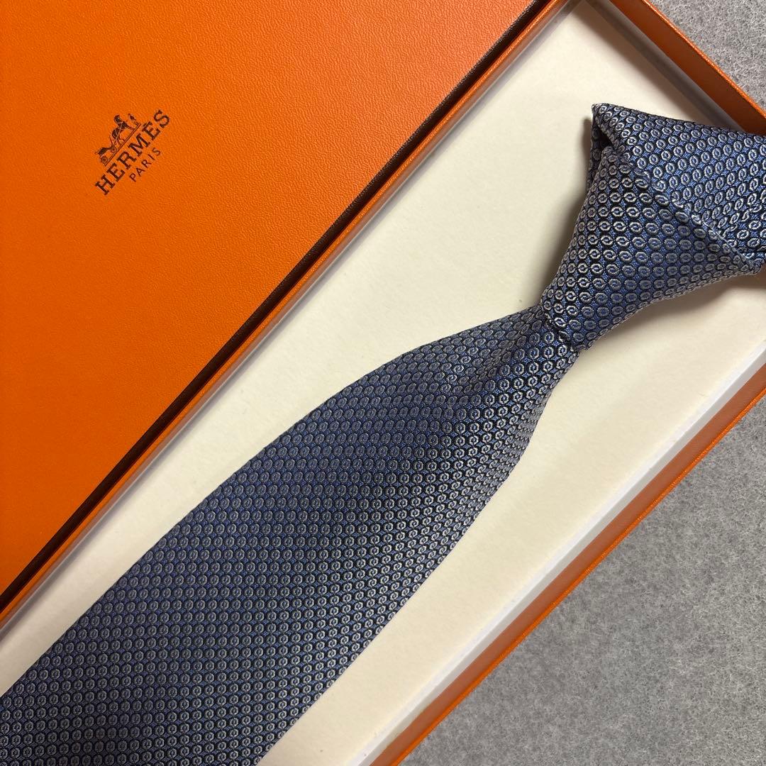 エルメス ネクタイ 青紺 シルクジャガード