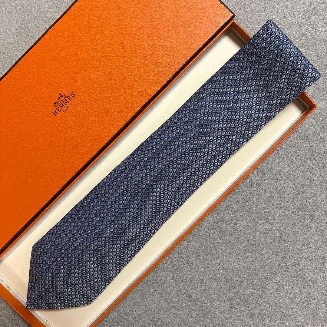 エルメス ネクタイ 青紺 シルクジャガード