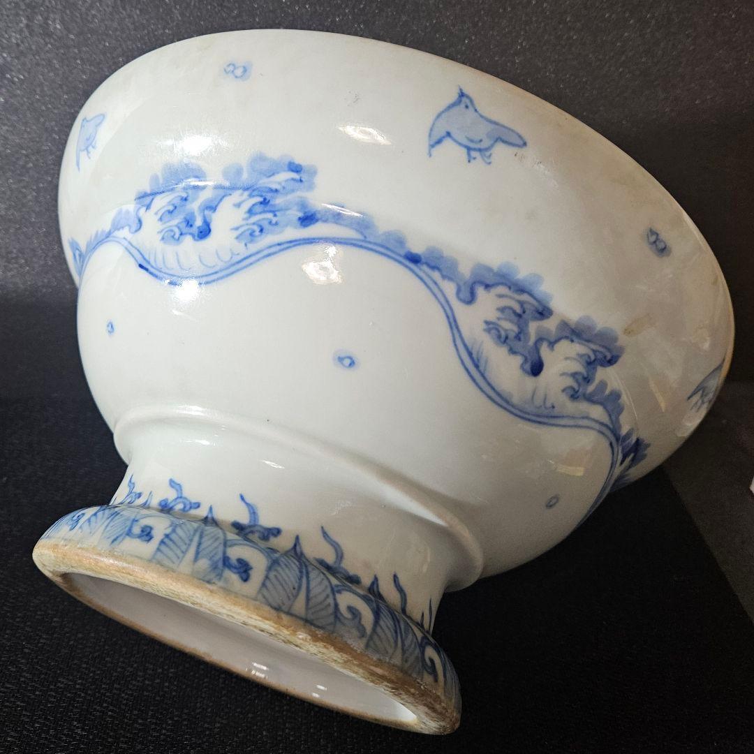 江戸末期～明治時代　古伊万里　染付 松に鶴図　大盃洗　コンポート　径30.1cm