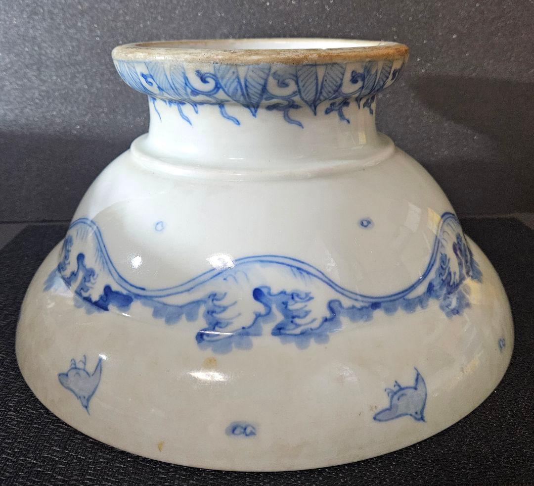 江戸末期～明治時代　古伊万里　染付 松に鶴図　大盃洗　コンポート　径30.1cm