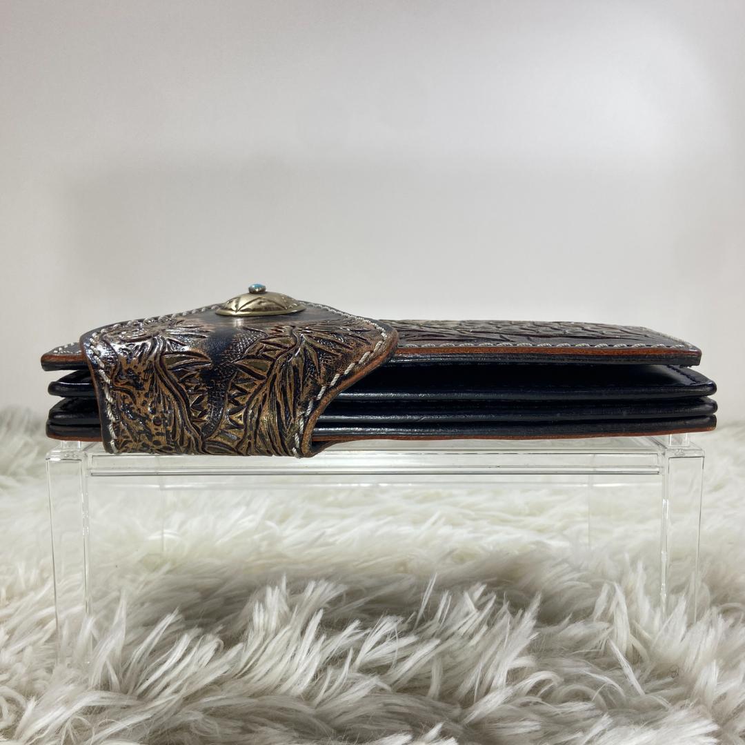 バイカーズウォレット　 レザー　長財布　本革　カーヴィング　コンチョ　ターコイズ