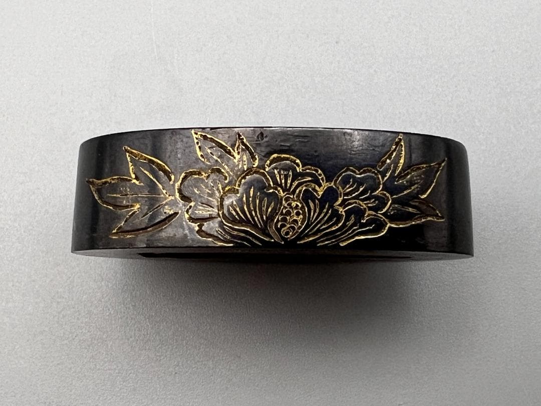 【海】江戸明治期　日本刀装具　花図　牡丹　金象嵌　縁頭　４点　骨董品　美術品