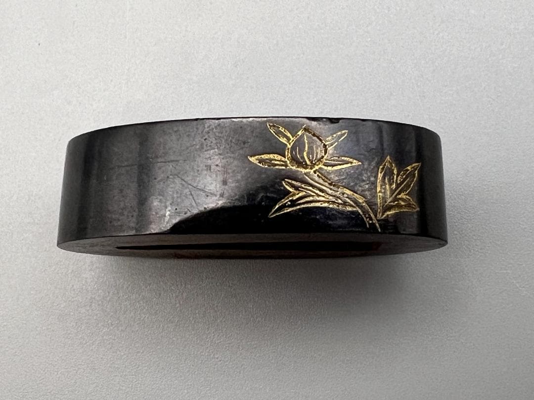 【海】江戸明治期　日本刀装具　花図　牡丹　金象嵌　縁頭　４点　骨董品　美術品