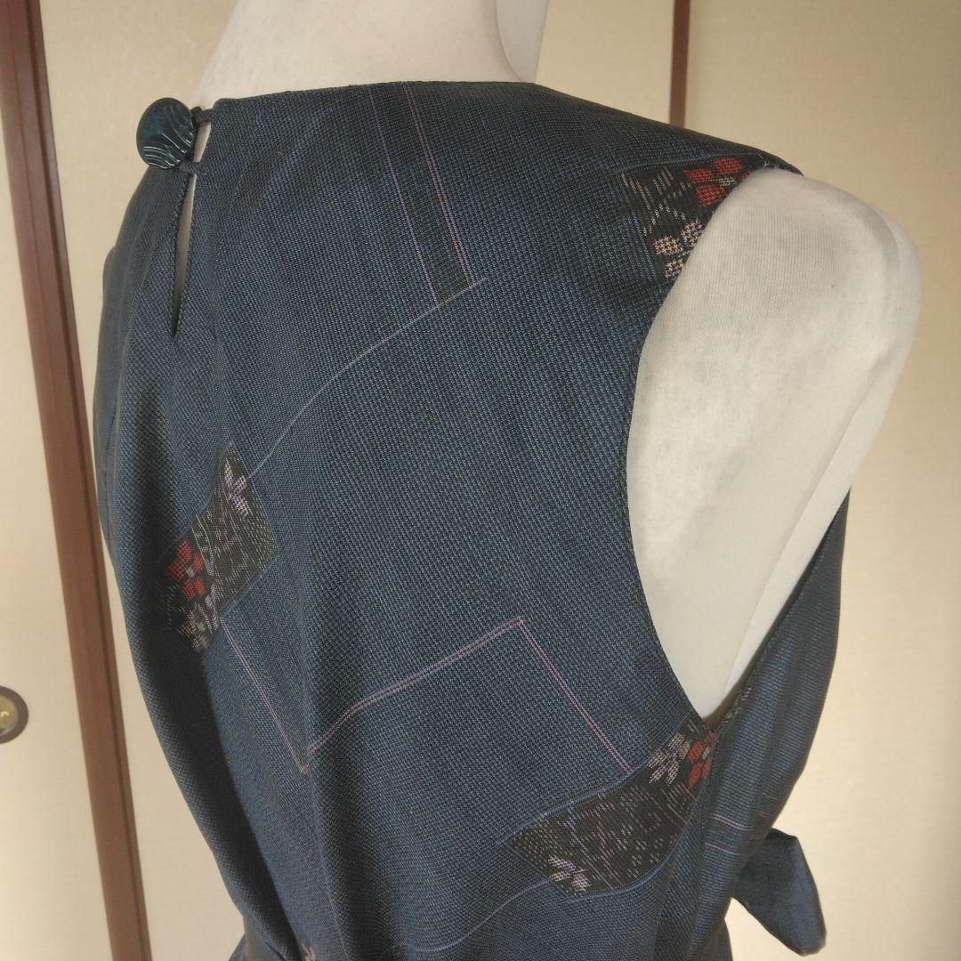 大島紬解き生地から、バイアス仕立てロングフレアーワンピース　　Ｓ寸