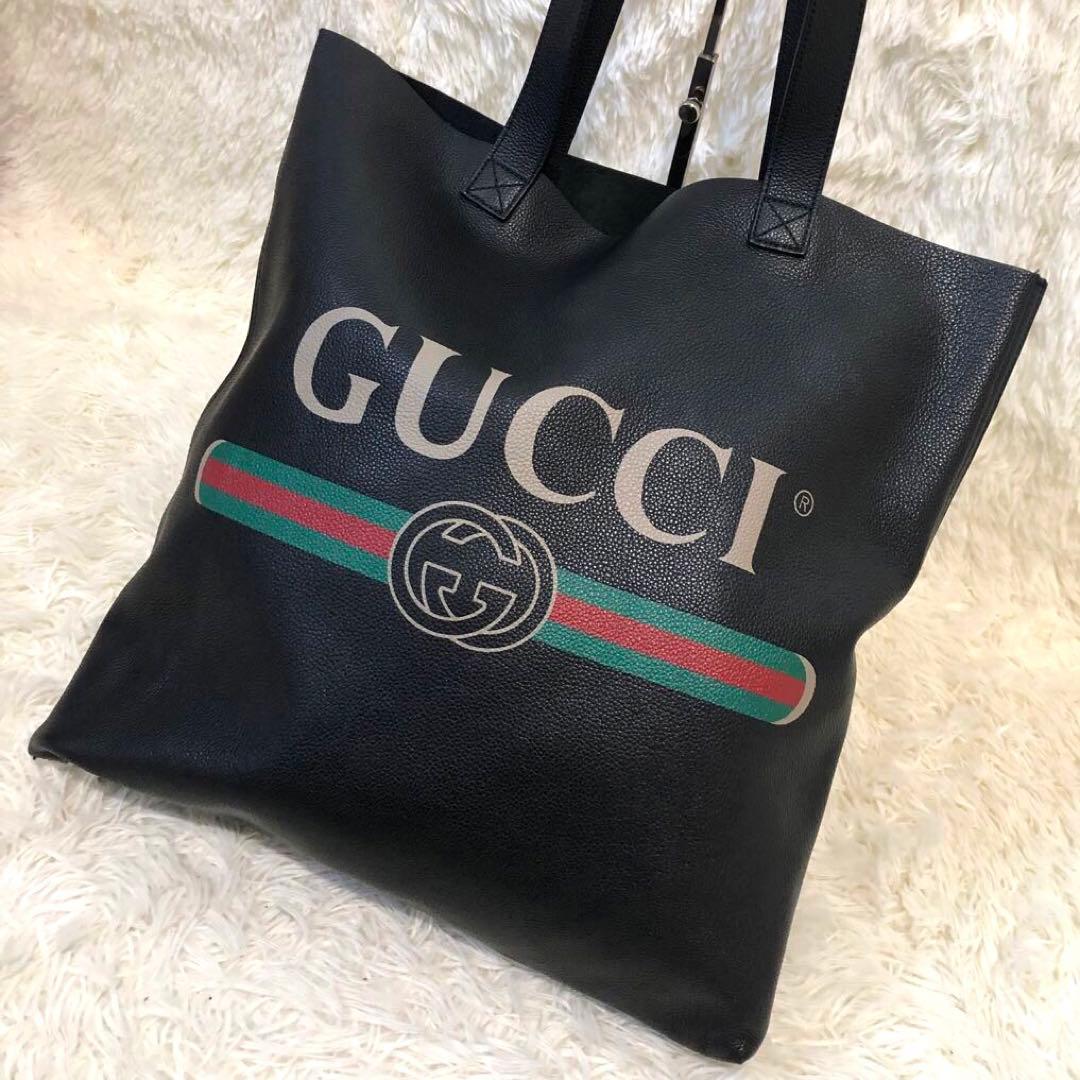 未使用級✨グッチ　レザー トートバッグ　ロゴ シェリーライン　ブラック メンズ
