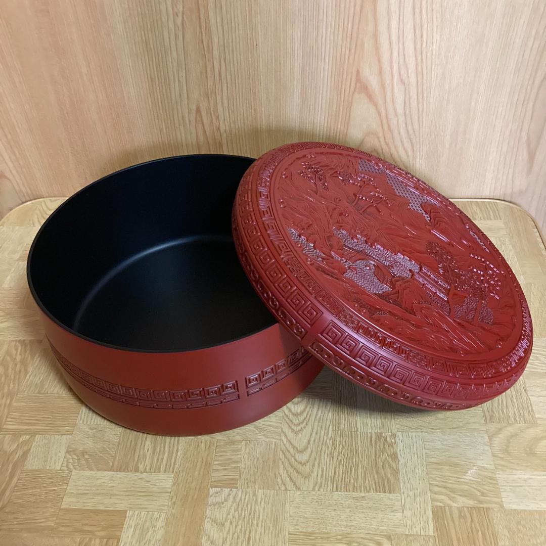堆朱　朱塗り　漆塗り　漆器　丸型　茶櫃　茶器入れ